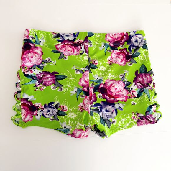 [Torrid] Neon Green Floral Rose Print Lattice Lace Up Side Swim Shorts Size 1X - Picture 2 of 11